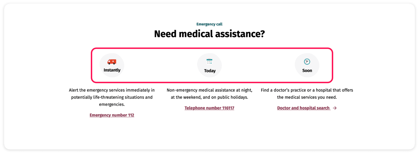 Screenshot of the Emergency call area Need medical assistance? The “Instantly”, “Today” and “Soon” areas have a red frame.