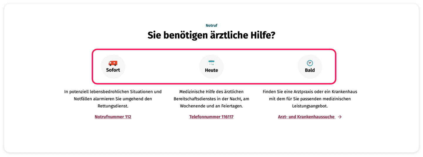 Screenshot des Bereichs: Notruf. Sie benötigen ärztliche Hilfe? Die Bereiche "Sofort", "Heute" und "Bald" sind rot umrahmt.