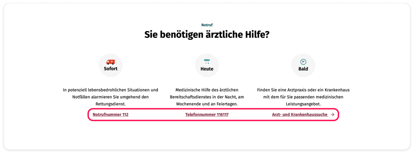 Screenshot des Bereichs: Notruf. Sie benötigen ärztliche Hilfe? Die Telefonnummern 112, 116117 und der Suchdienst "Arzt- und Krankenhaussuche" sind rot umrahmt.