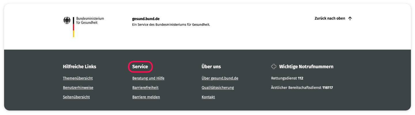 Screenshot des Footers mit den Bereichen: Hilfreiche Links; Service; Über uns; Wichtige Notrufnummern. Der Bereich "Service" ist rot umrahmt.