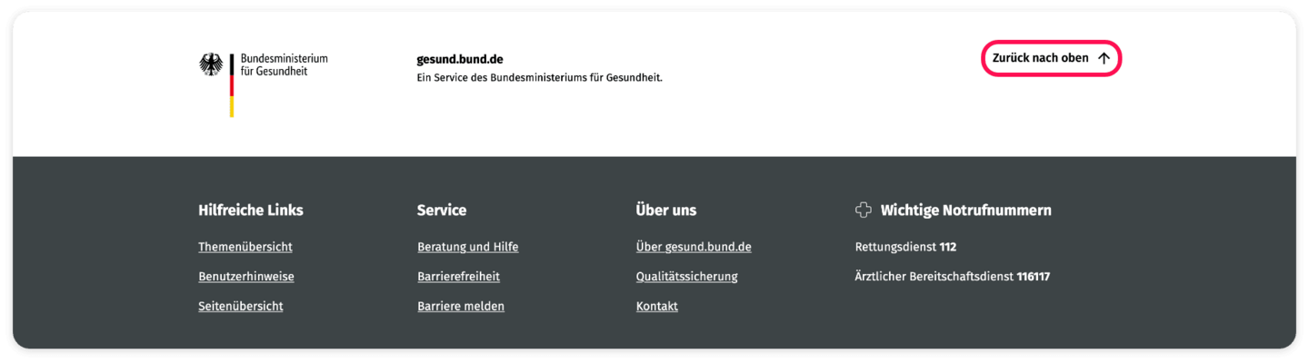 Screenshot des Fußbereichs. Das Feld "Zurück nach oben" ist rot umrahmt und wird durch einen Pfeil gekennzeichnet.