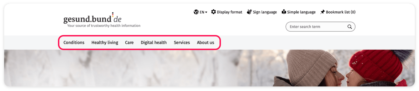 Screenshot of the main navigation: Conditions, Healthy living, Care, Digital health, Services and About us.