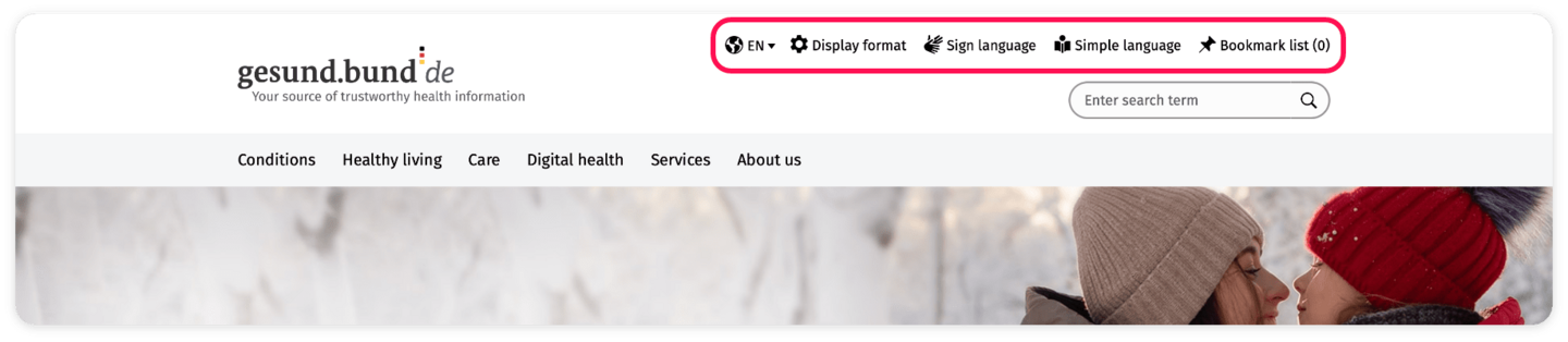 Screenshot of the meta navigation, which is highlighted by a red frame. Areas it includes: Language selection; Display format; Sign language; Simple language; Bookmark list.