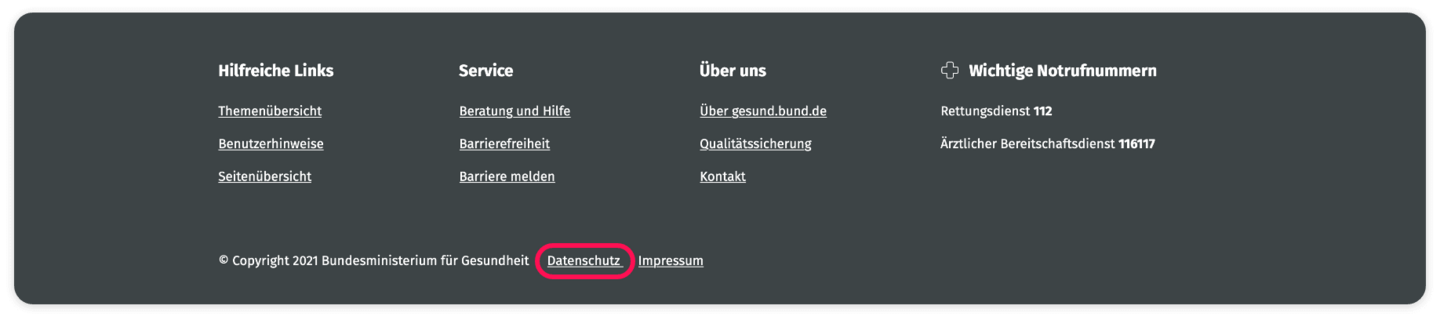 Screenshot des Footers mit dem Bereich "Copyright". Das Feld "Datenschutz" ist rot umrahmt.