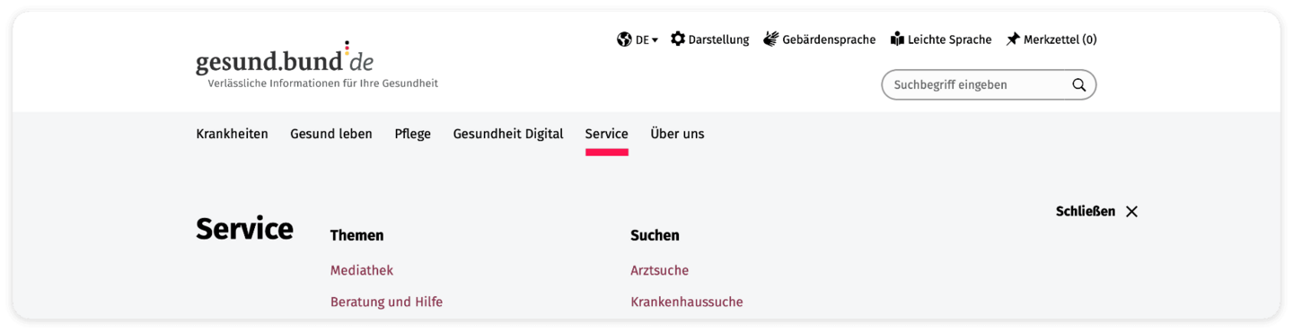 Screenshot der Hauptnavigation: Krankheiten, Gesund leben, Pflege, Gesundheit Digital, Service und Über uns. Der Bereich Service ist rot unterstrichen.