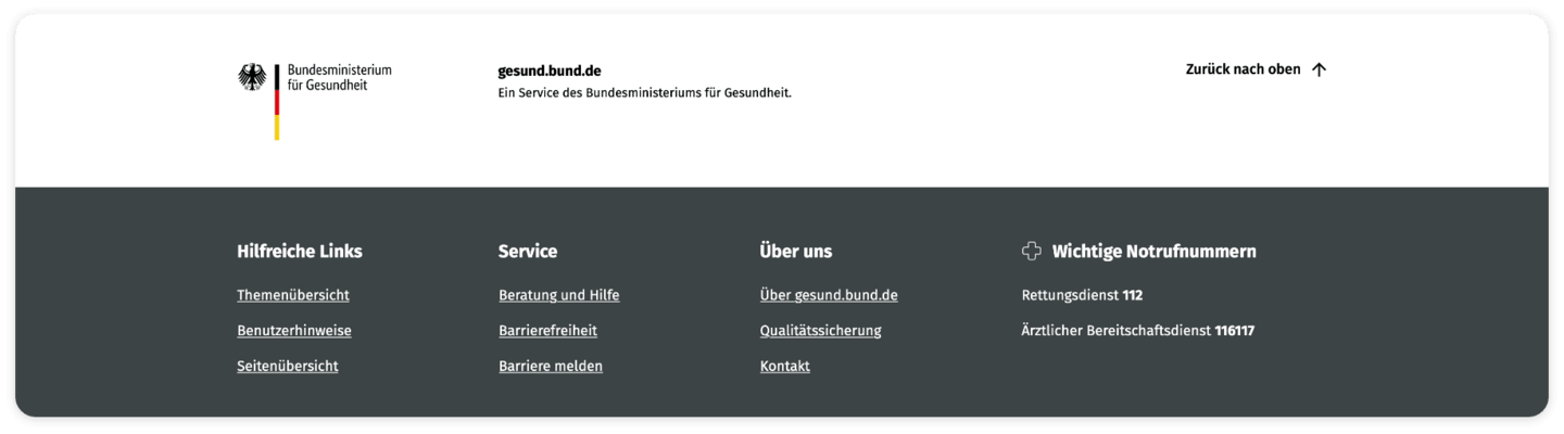 Screenshot des Footers. Dort zu finden sind die Bereiche: Hilfreiche Links; Service; Über uns; Wichtige Notrufnummern.