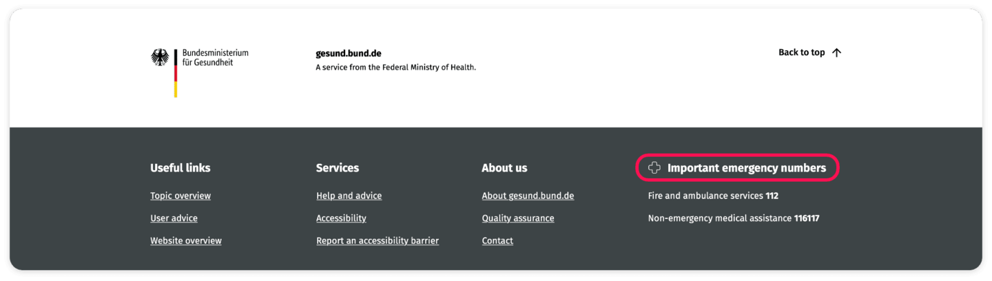 Screenshot of the footer with the areas: Useful links; Services; About us; Important emergency numbers. The “Important emergency numbers” area has a red frame.