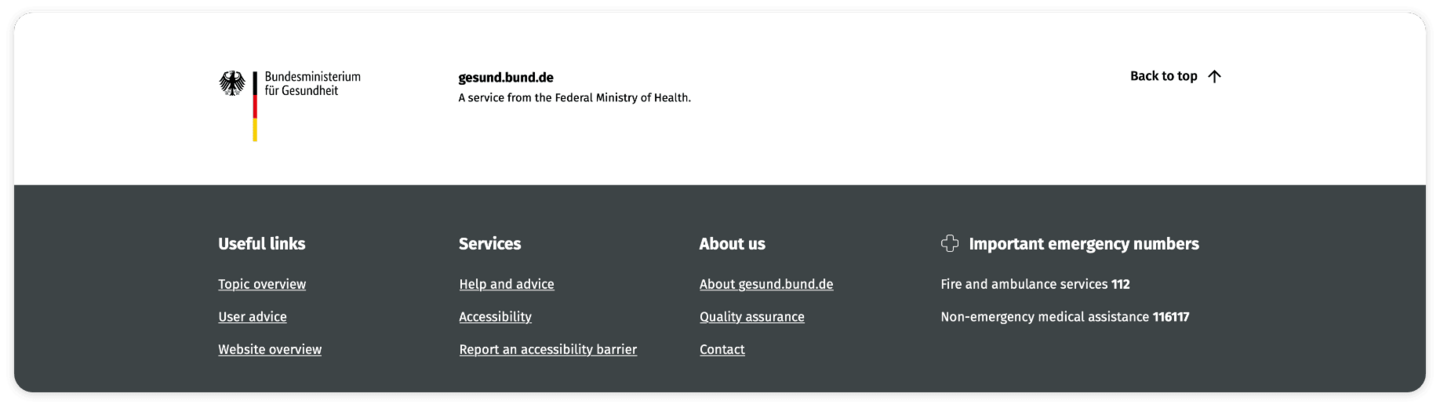 Screenshot of the footer. The following areas are found in the footer: Useful links; Services; About us; Important emergency numbers.