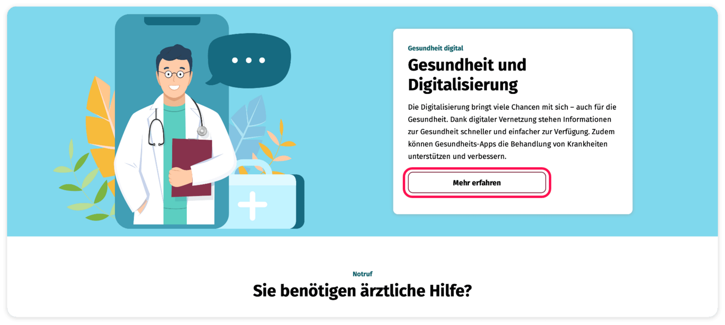 Screenshot des Themen-Spezials zum Thema Gesundheit und Digitalisierung. Das Feld "Mehr erfahren" ist rot umrahmt.