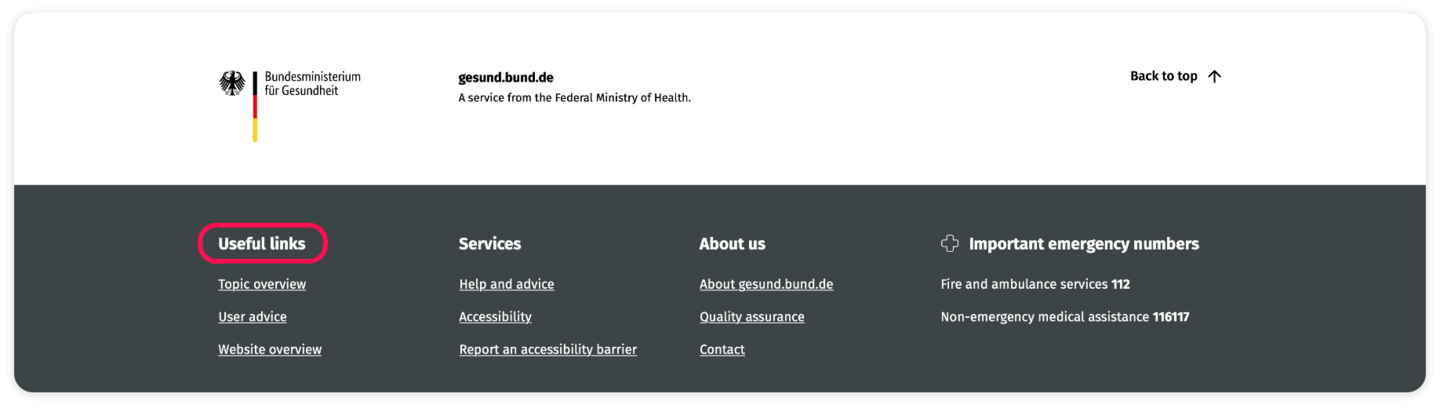 Screenshot of the footer with the areas: Useful links; Services; About us; Important emergency numbers The “Useful links” area has a red frame.