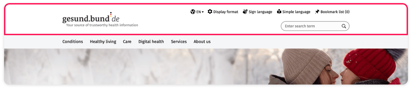 Screenshot of the header with the areas: gesund.bund.de logo, Display formats, Sign language, Simple language, Important note and the search field.